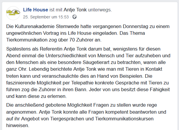 Facebook Beitrag von Vortrag im Life House Stemwede